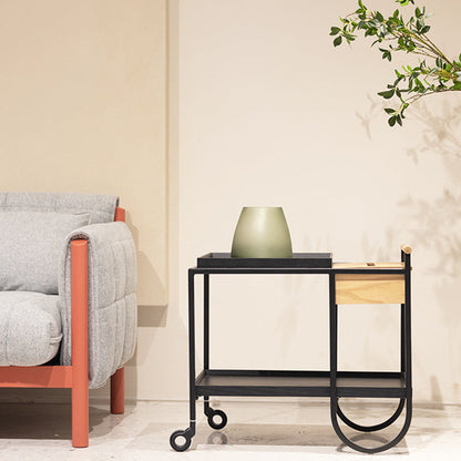 Modern Minimalist Metal & Wood Rectangular Side Table With Wheels & 2-Tier Movable Storage For Living Room & Bedroom
