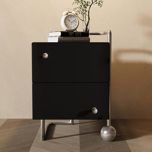 Contemporary Nordic Wood & Stainless Steel Square Nightstand With 2 Drawers For Bedroom & Living Room