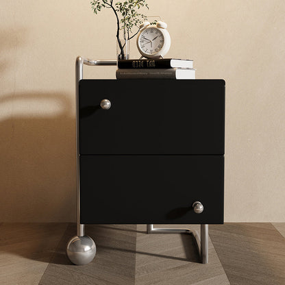 Contemporary Nordic Wood & Stainless Steel Square Nightstand With 2 Drawers For Bedroom & Living Room