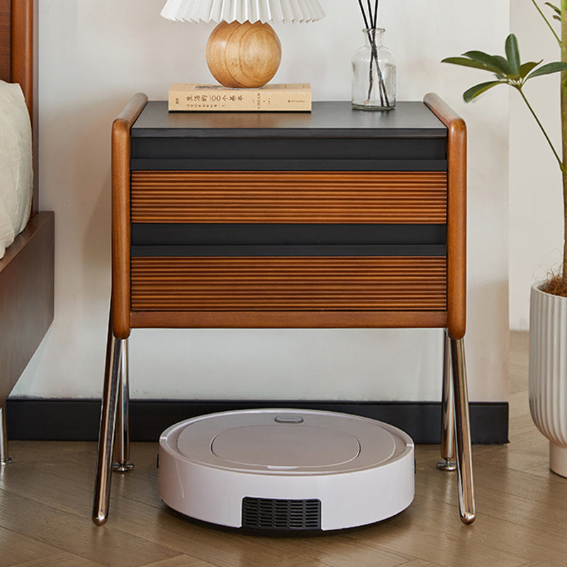 Contemporary Nordic Rock Slab, Pine, Boxwood & Stainless Steel Square Nightstand With 2-Drawers For Bedroom & Living Room
