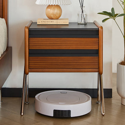 Contemporary Nordic Rock Slab, Pine, Boxwood & Stainless Steel Square Nightstand With 2-Drawers For Bedroom & Living Room