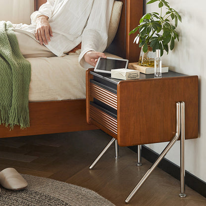 Contemporary Nordic Rock Slab, Pine, Boxwood & Stainless Steel Square Nightstand With 2-Drawers For Bedroom & Living Room