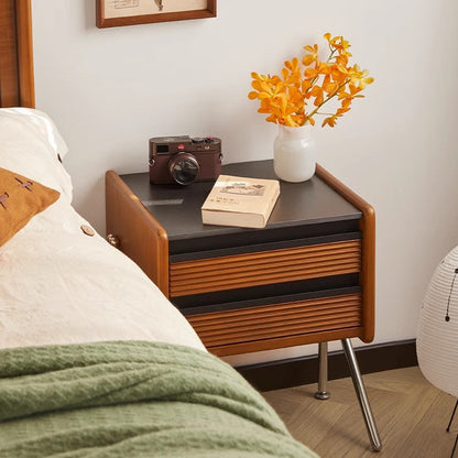 Contemporary Nordic Rock Slab, Pine, Boxwood & Stainless Steel Square Nightstand With 2-Drawers For Bedroom & Living Room