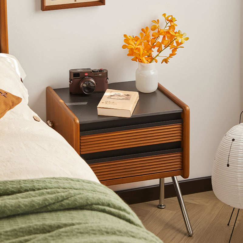 Contemporary Nordic Rock Slab, Pine, Boxwood & Stainless Steel Square Nightstand With 2-Drawers For Bedroom & Living Room