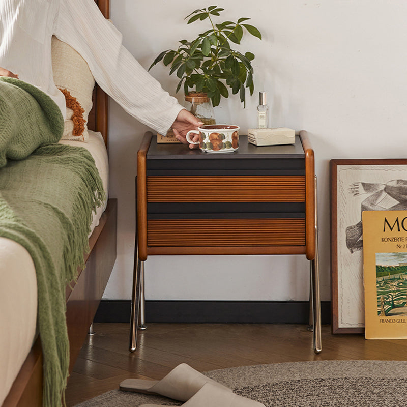 Contemporary Nordic Rock Slab, Pine, Boxwood & Stainless Steel Square Nightstand With 2-Drawers For Bedroom & Living Room