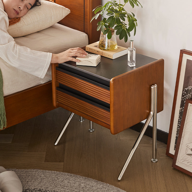 Contemporary Nordic Rock Slab, Pine, Boxwood & Stainless Steel Square Nightstand With 2-Drawers For Bedroom & Living Room