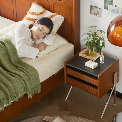Contemporary Nordic Rock Slab, Pine, Boxwood & Stainless Steel Square Nightstand With 2-Drawers For Bedroom & Living Room