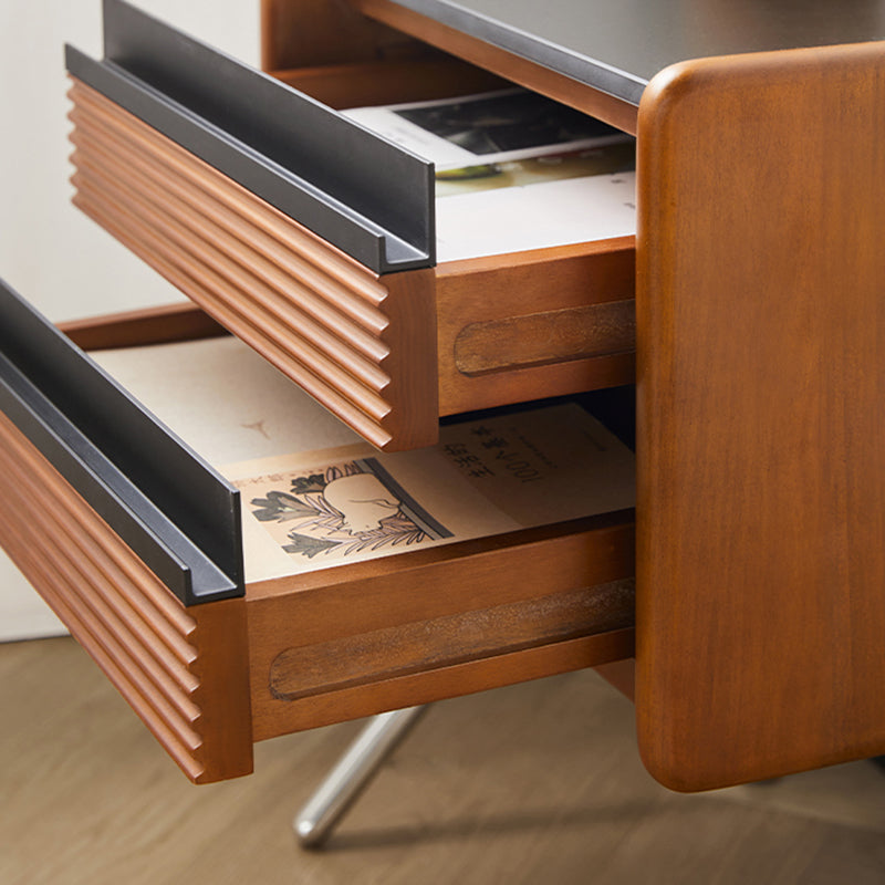 Contemporary Nordic Rock Slab, Pine, Boxwood & Stainless Steel Square Nightstand With 2-Drawers For Bedroom & Living Room
