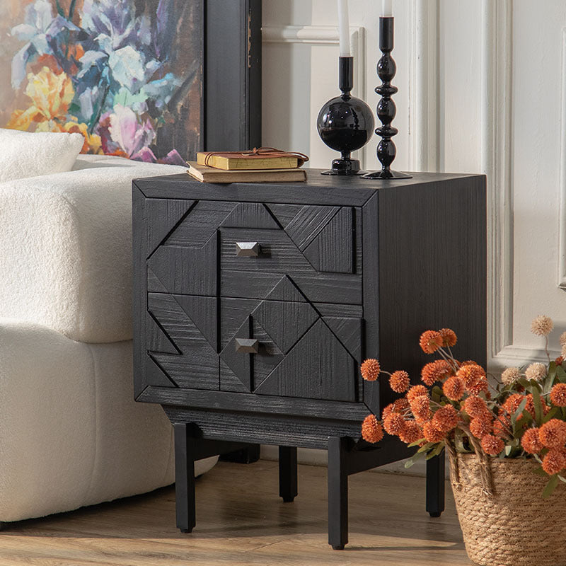 Traditional Vintage Wood Square Cube Nightstand With 2-Drawers For Bedroom & Living Room