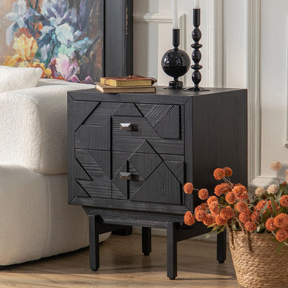 Traditional Vintage Wood Square Cube Nightstand With 2-Drawers For Bedroom & Living Room