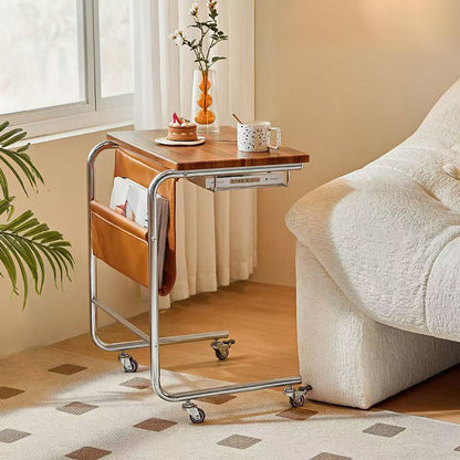 Modern Mid-Century Plank, Iron & PU Leather Rectangular Side Table With Wheels For Living Room, Bedroom