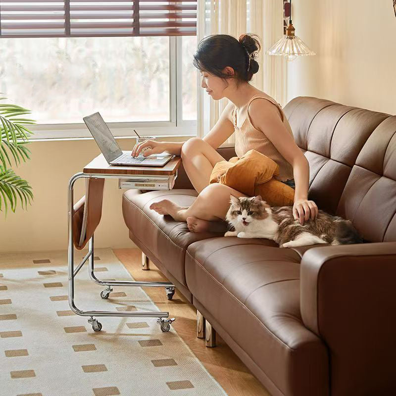 Modern Mid-Century Plank, Iron & PU Leather Rectangular Side Table With Wheels For Living Room, Bedroom