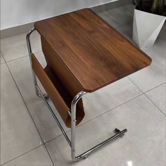 Modern Mid-Century Plank, Iron & PU Leather Rectangular Side Table With Wheels For Living Room, Bedroom