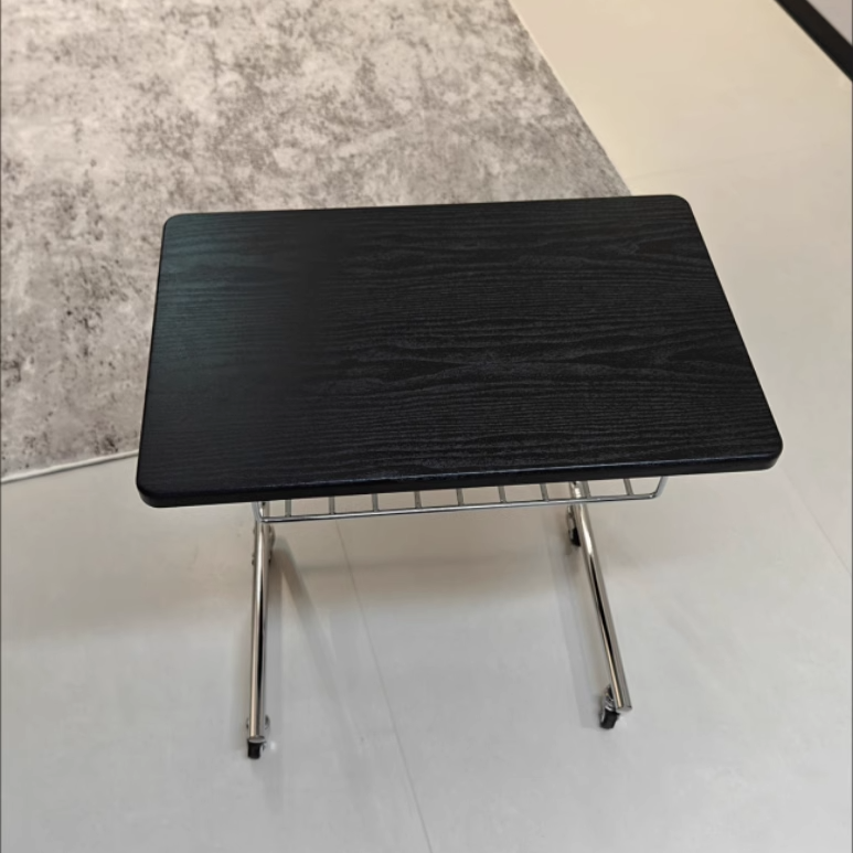 Modern Mid-Century Plank, Iron & PU Leather Rectangular Side Table With Wheels For Living Room, Bedroom