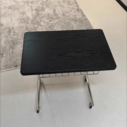 Modern Mid-Century Plank, Iron & PU Leather Rectangular Side Table With Wheels For Living Room, Bedroom