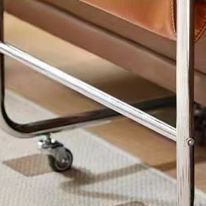 Modern Mid-Century Plank, Iron & PU Leather Rectangular Side Table With Wheels For Living Room, Bedroom