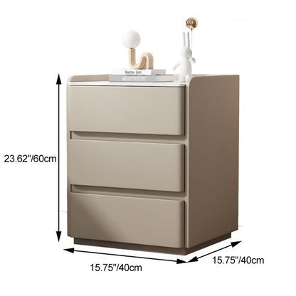 Modern Minimalist Rock Slab, Wood & Microfiber Leather Rectangular Nightstand With 3-Drawers For Bedroom & Living Room