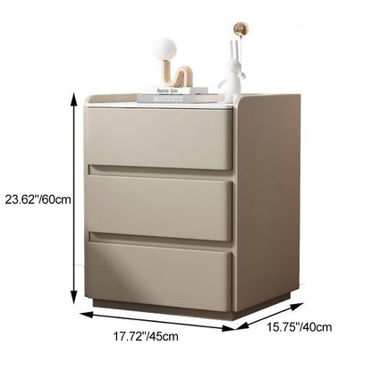 Modern Minimalist Rock Slab, Wood & Microfiber Leather Rectangular Nightstand With 3-Drawers For Bedroom & Living Room