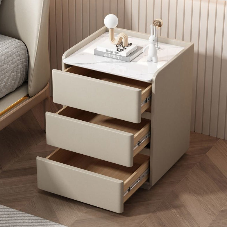 Modern Minimalist Rock Slab, Wood & Microfiber Leather Rectangular Nightstand With 3-Drawers For Bedroom & Living Room