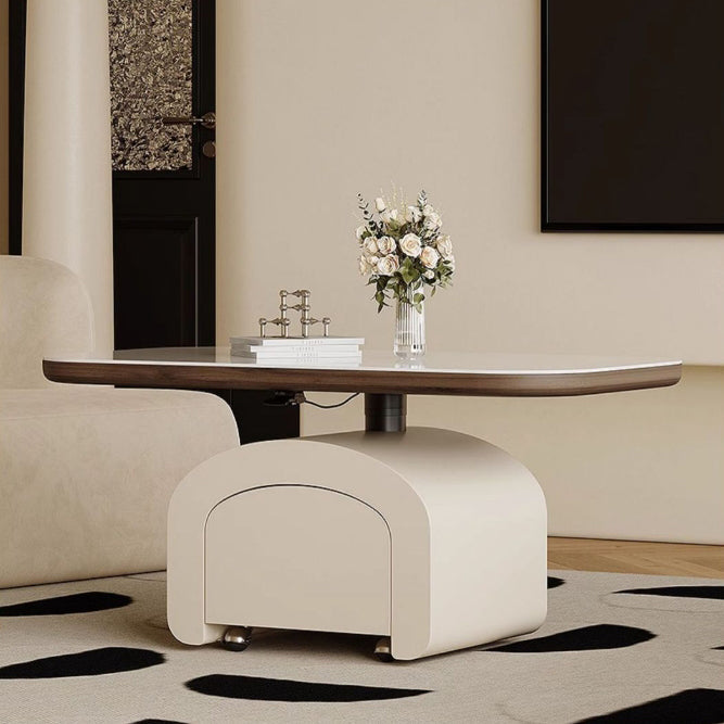 Contemporary Nordic Rock Slab & Wood Rectangular Coffee Table 1-Drawer With Lift-Top Function For Living Room & Bedroom