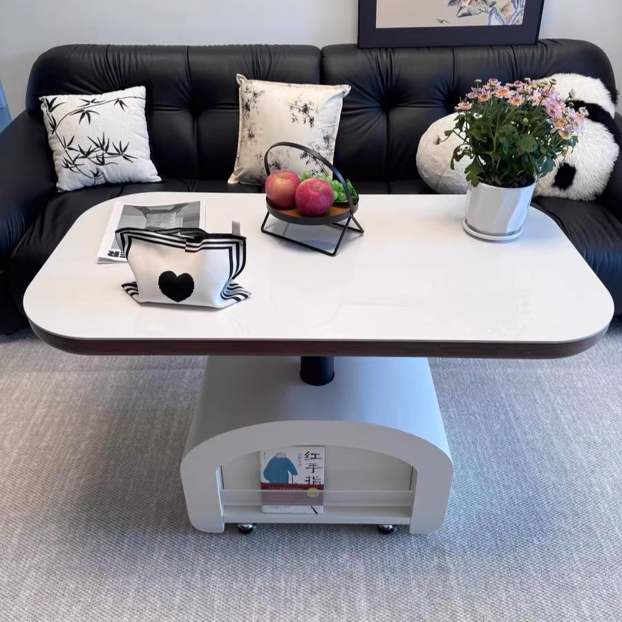 Contemporary Nordic Rock Slab & Wood Rectangular Coffee Table 1-Drawer With Lift-Top Function For Living Room & Bedroom