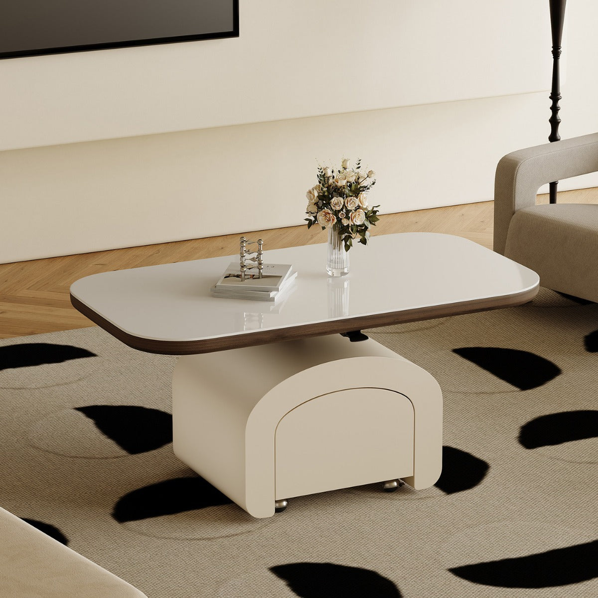 Contemporary Nordic Rock Slab & Wood Rectangular Coffee Table 1-Drawer With Lift-Top Function For Living Room & Bedroom