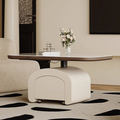 Contemporary Nordic Rock Slab & Wood Rectangular Coffee Table 1-Drawer With Lift-Top Function For Living Room & Bedroom