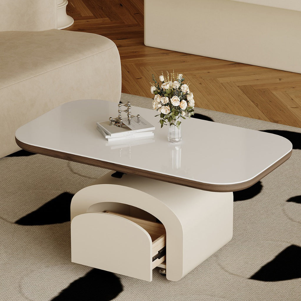 Contemporary Nordic Rock Slab & Wood Rectangular Coffee Table 1-Drawer With Lift-Top Function For Living Room & Bedroom