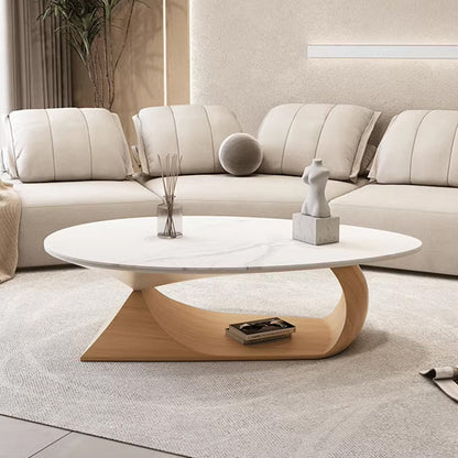 Modern Minimalist Rock Slab & Wood Panel Oval Coffee Table For Living Room & Bedroom