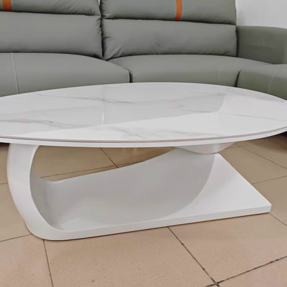 Modern Minimalist Rock Slab & Wood Panel Oval Coffee Table For Living Room & Bedroom