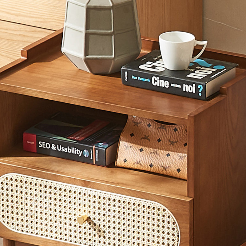 Contemporary Nordic Wood & Rattan Square Nightstand With 1-Drawer For Bedroom & Living Room