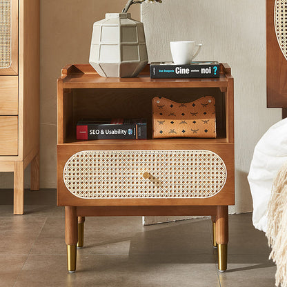 Contemporary Nordic Wood & Rattan Square Nightstand With 1-Drawer For Bedroom & Living Room