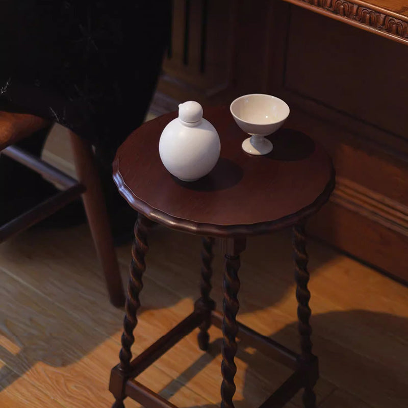 Traditional Vintage Solid Wood Round-Top Square-Base Side Table For Bedroom And Living Room
