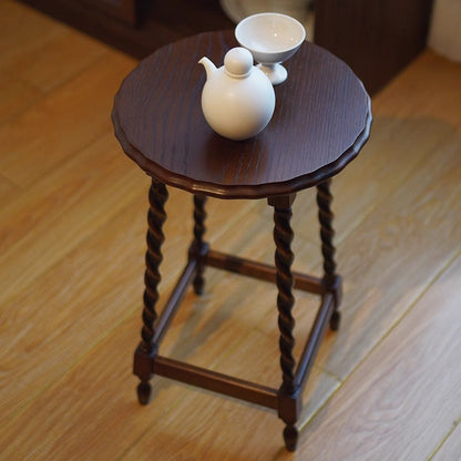 Traditional Vintage Solid Wood Round-Top Square-Base Side Table For Bedroom And Living Room