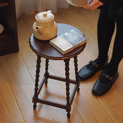 Traditional Vintage Solid Wood Round-Top Square-Base Side Table For Bedroom And Living Room
