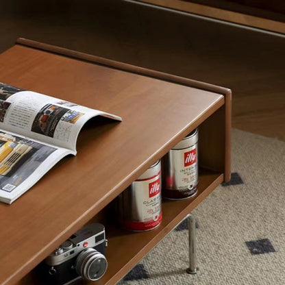 Traditional Japanese Wood & Stainless Steel Rectangular Coffee Table With 2-Drawer For Living Room & Bedroom