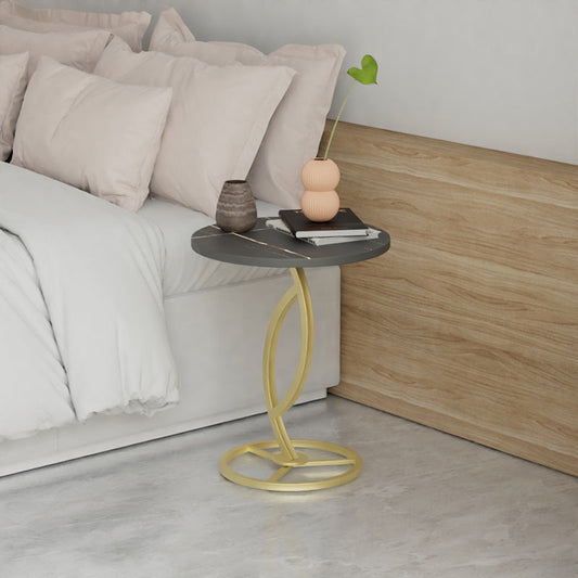 Modern Minimalist Rock Slab & Iron Round Side Table For Living Room & Bedroom