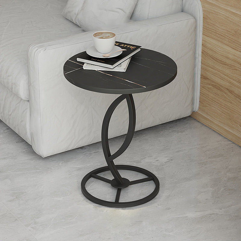 Modern Minimalist Rock Slab & Iron Round Side Table For Living Room & Bedroom