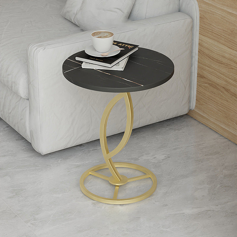 Modern Minimalist Rock Slab & Iron Round Side Table For Living Room & Bedroom
