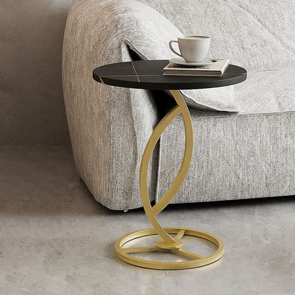 Modern Minimalist Rock Slab & Iron Round Side Table For Living Room & Bedroom