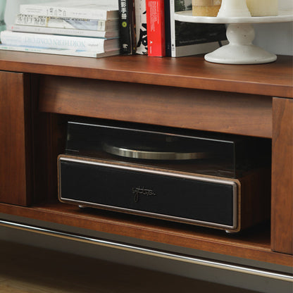 Traditional Vintage Wood & Stainless Steel Rectangular TV Stand With 3-Drawer For Living Room & Bedroom