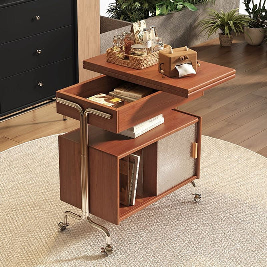 Contemporary Nordic Wood, Stainless Steel & Glass Rectangular Foldable Rotating Side Table With 3-Storage For Living Room & Bedroom