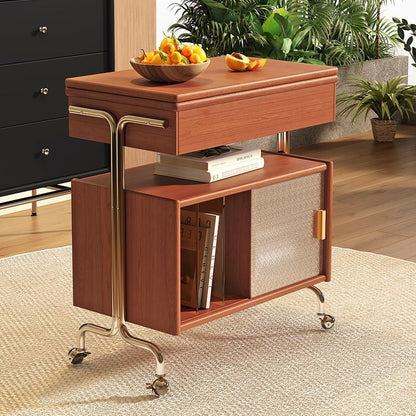 Contemporary Nordic Wood, Stainless Steel & Glass Rectangular Foldable Rotating Side Table With 3-Storage For Living Room & Bedroom