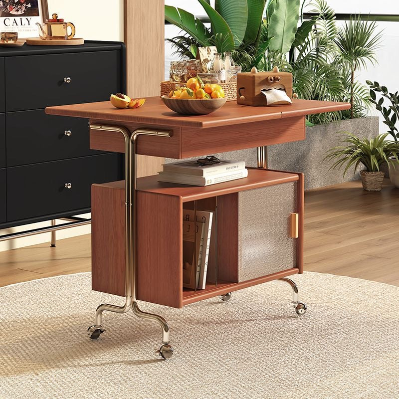 Contemporary Nordic Wood, Stainless Steel & Glass Rectangular Foldable Rotating Side Table With 3-Storage For Living Room & Bedroom
