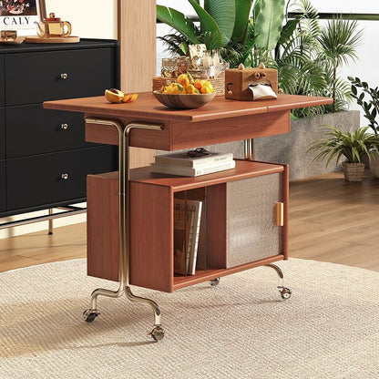 Contemporary Nordic Wood, Stainless Steel & Glass Rectangular Foldable Rotating Side Table With 3-Storage For Living Room & Bedroom
