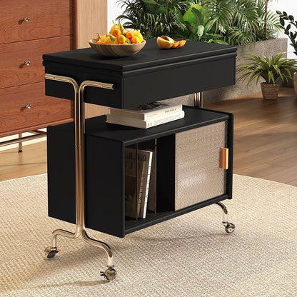 Contemporary Nordic Wood, Stainless Steel & Glass Rectangular Foldable Rotating Side Table With 3-Storage For Living Room & Bedroom