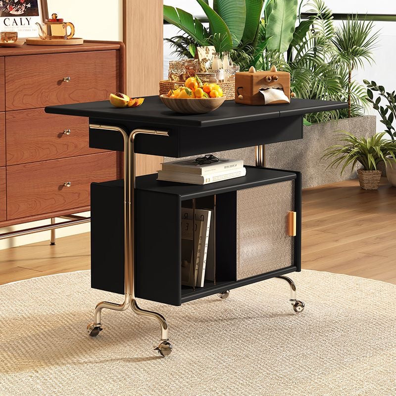 Contemporary Nordic Wood, Stainless Steel & Glass Rectangular Foldable Rotating Side Table With 3-Storage For Living Room & Bedroom