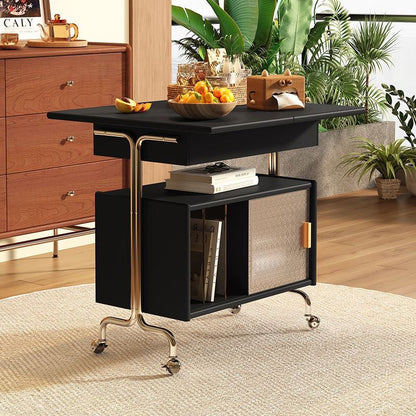 Contemporary Nordic Wood, Stainless Steel & Glass Rectangular Foldable Rotating Side Table With 3-Storage For Living Room & Bedroom
