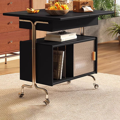 Contemporary Nordic Wood, Stainless Steel & Glass Rectangular Foldable Rotating Side Table With 3-Storage For Living Room & Bedroom