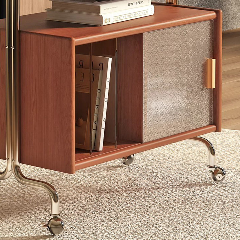 Contemporary Nordic Wood, Stainless Steel & Glass Rectangular Foldable Rotating Side Table With 3-Storage For Living Room & Bedroom